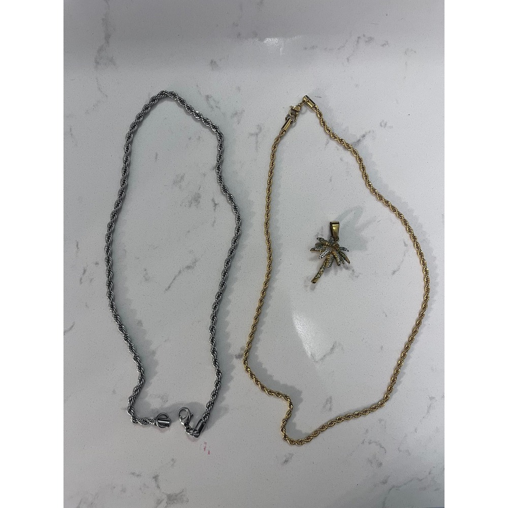 GLD Shop Rope Chain Necklace Bundle Gold Silver Tone Palm Tree Pendant Pouch